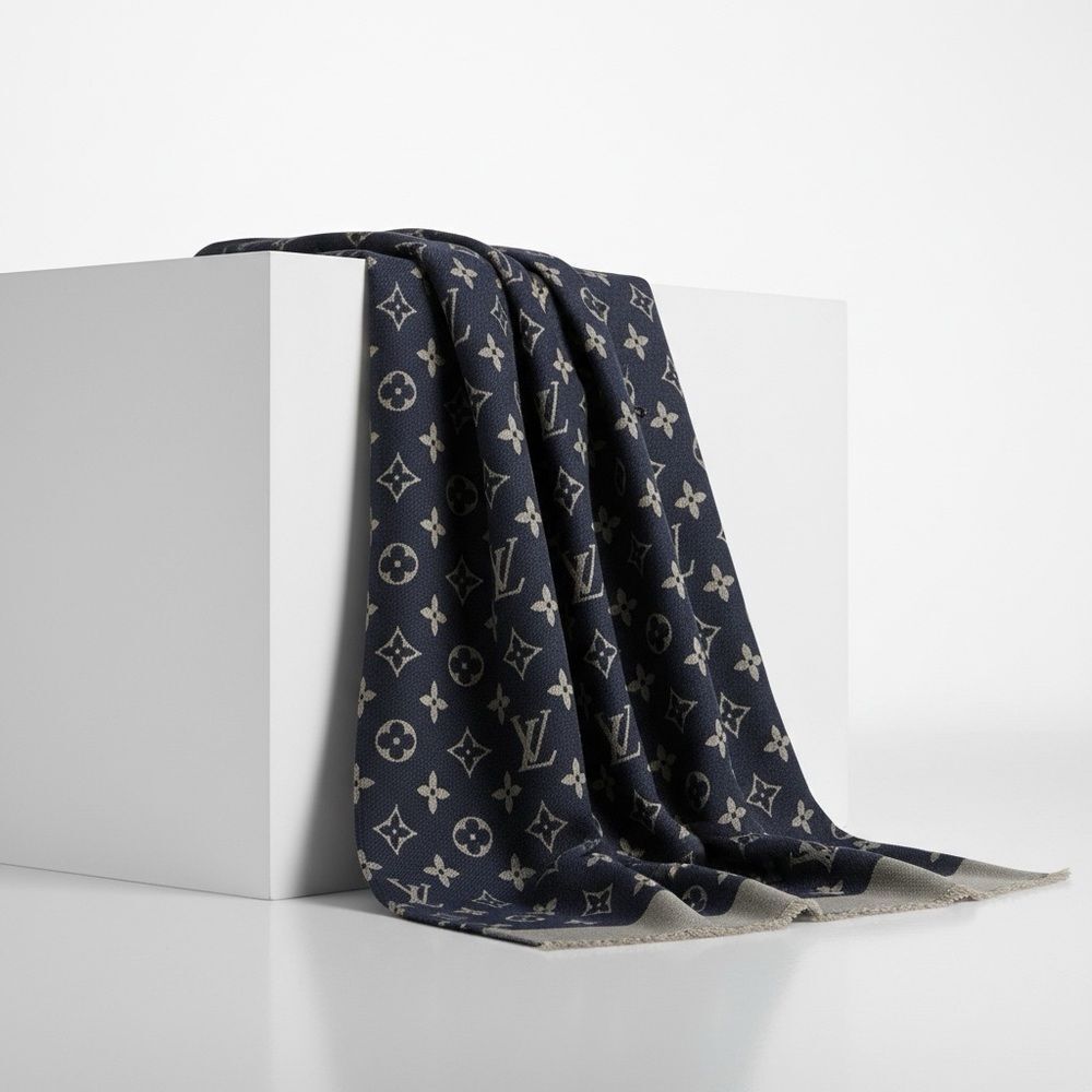 Louis Vuitton Blue and Gray Denim Monogram Wool Silk Shawl Scarf Auth - Picture 7 of 13